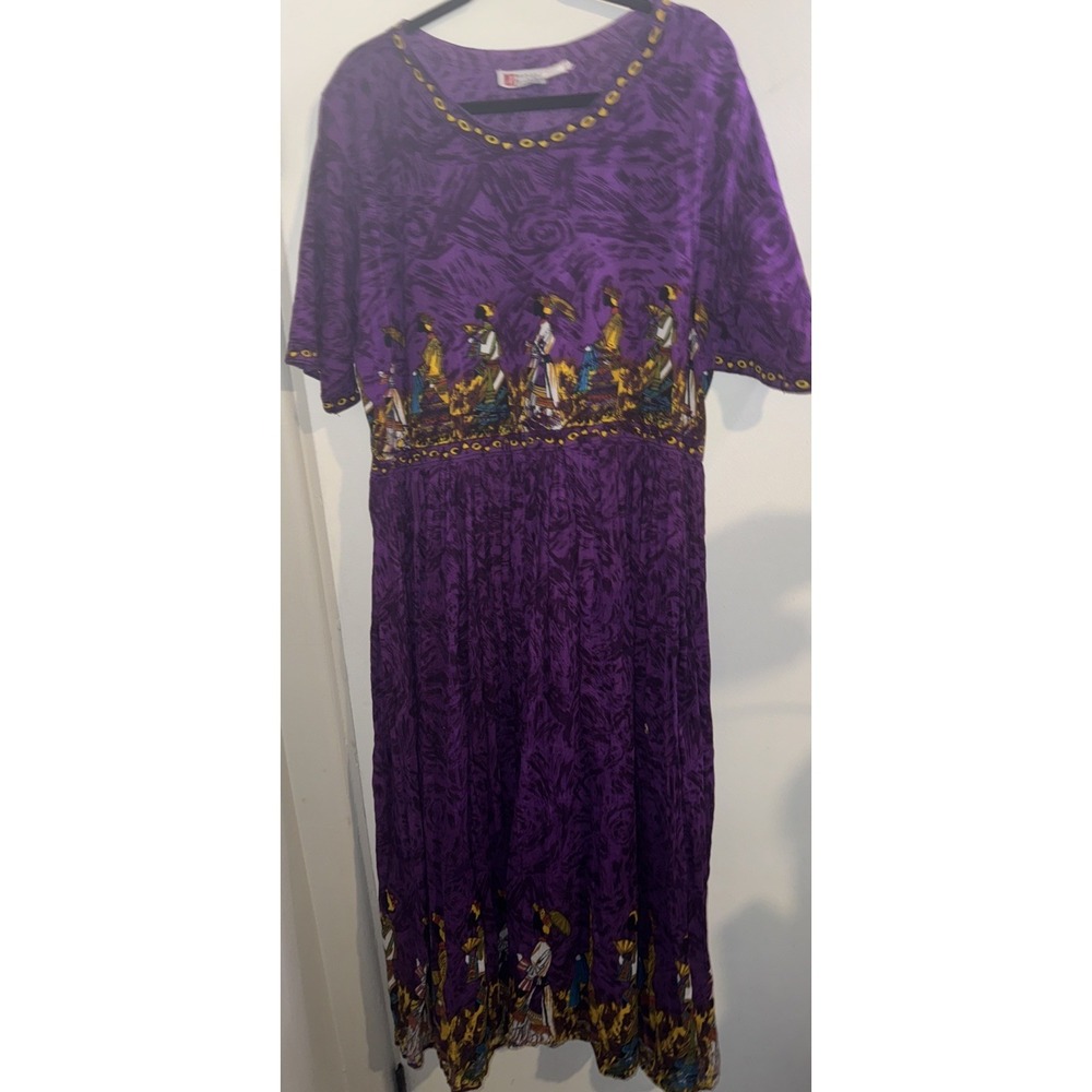 Vtg 90s Woman Within Plus Sz 2x Purple Tribal Print Maxi Dress Boho Artsy